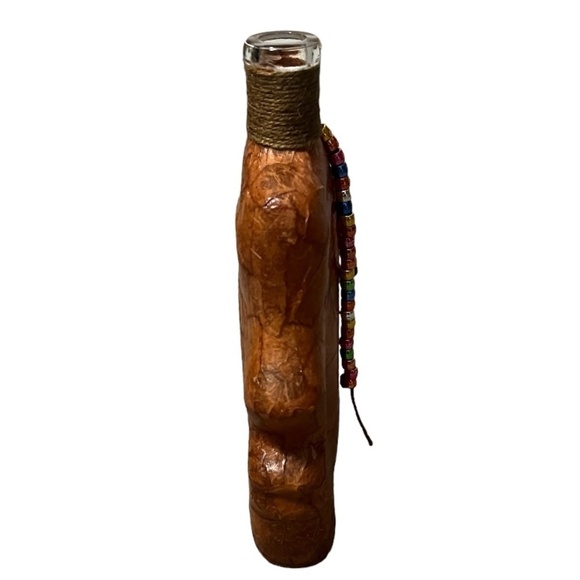 NWOT Glass bottle Face art paper mache with beads Strings, Brown - Picture 3 of 9